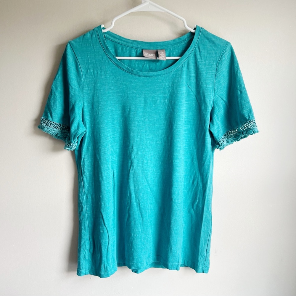 Chicos Teal Blue Green Laine Fringe Short Sleeve Blouse 0